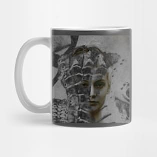 Beautiful girl face, overlay of knight arm with armor. Warrior. Mug